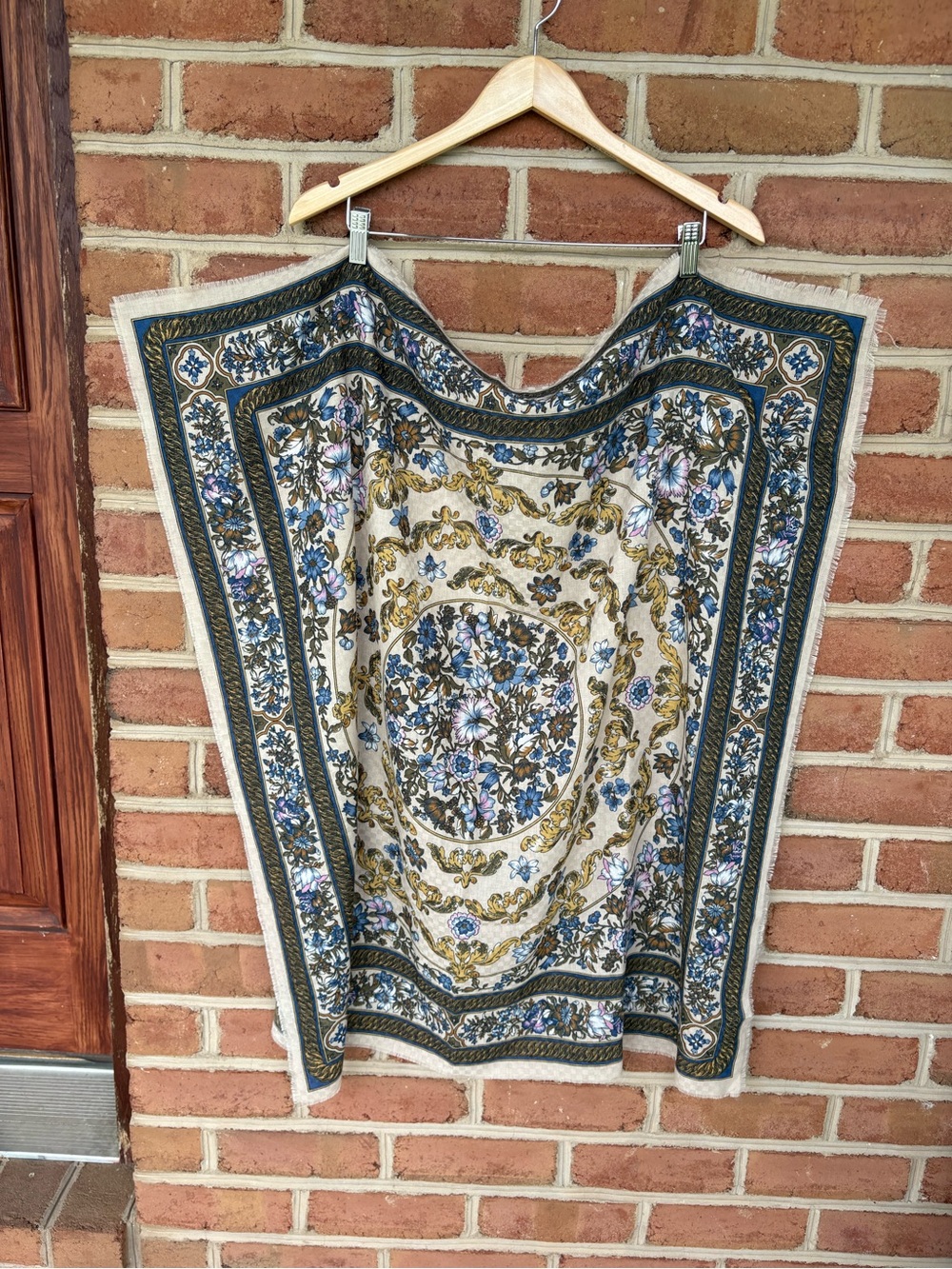 Floral Square Scarf in Cream, Blue & Gold. So many possibilities